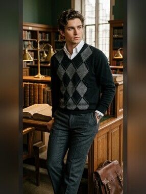 Ahead Merino Wool Blend Mens Pullover Sweater S Argyle Diamond Academic Golf